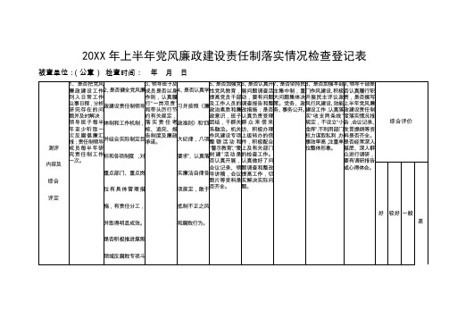 20xx年上半年党风廉政建设责任制落实情况检查登记表