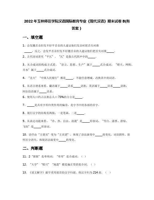 2022年玉林师范学院汉语国际教育专业《现代汉语》期末试卷B(有答案)