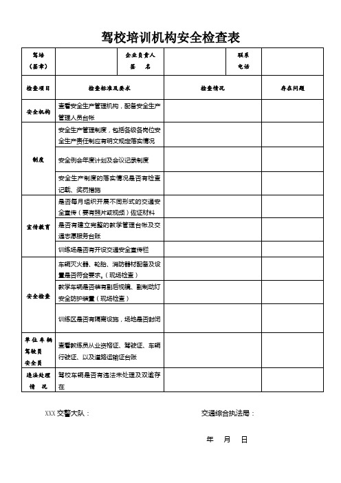 驾校培训机构安全生产检查表