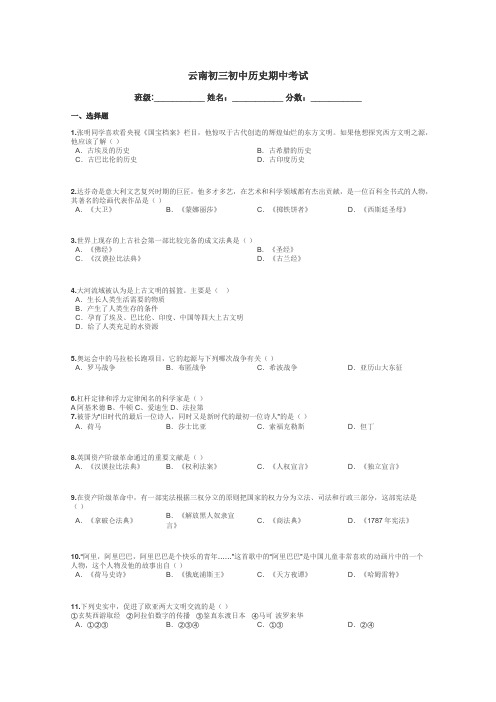 云南初三初中历史期中考试带答案解析
