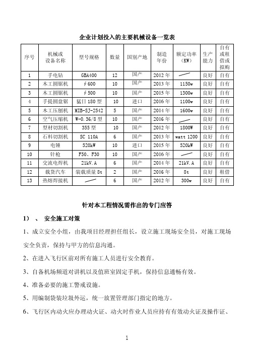 企业计划投入的主要机械设备一览表