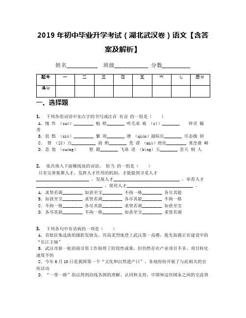 2019年初中毕业升学考试(湖北武汉卷)语文【含答案及解析】