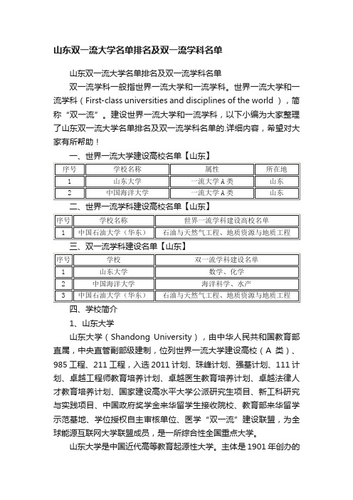 山东双一流大学名单排名及双一流学科名单