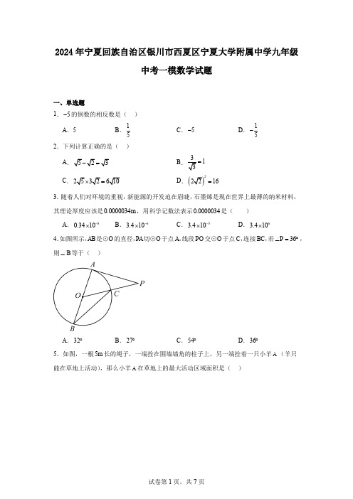 2024年宁夏回族自治区银川市西夏区宁夏大学附属中学九年级中考一模数学试题