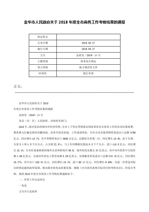 金华市人民政府关于2018年度全市商务工作考核结果的通报-金政发〔2019〕14号