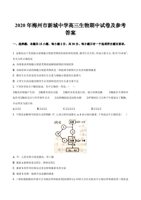 2020年梅州市新城中学高三生物期中试卷及参考答案