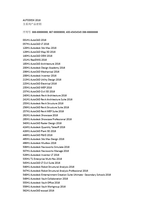 AUTODESK 2016产品密钥