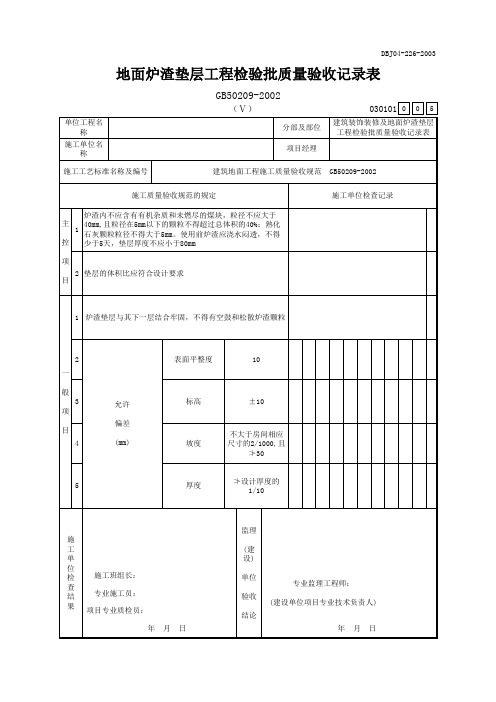 地面炉渣垫层工程检验批质量验收记录表