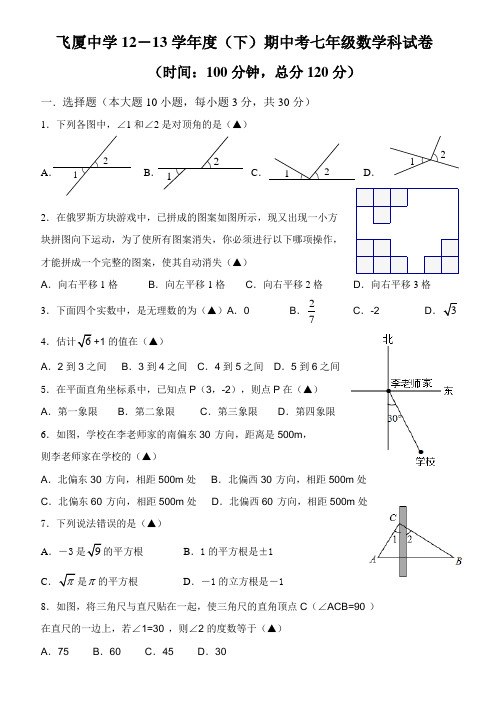 浙江飞厦中学2012-2013第二学期期中考七年级数学科试卷(word)