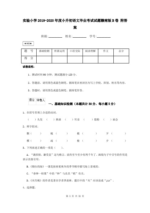 实验小学2019-2020年度小升初语文毕业考试试题赣南版B卷 附答案