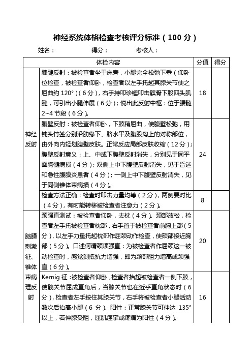 神经系统体格检查考核评分标准