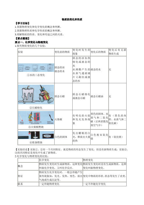 2018-2019学年鲁教版初三化学上《物质的变化和性质》知识梳理+例题演练