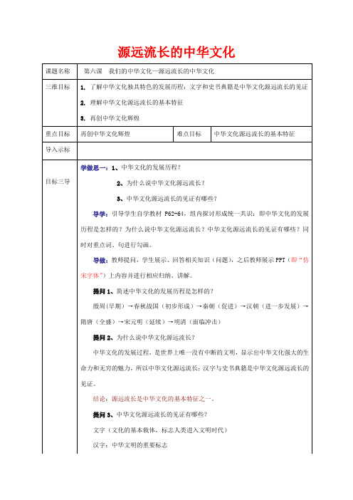 高中政治 6.1 源远流长的中华文化教案 新人教版必修3-新人教版高一必修3政治教案