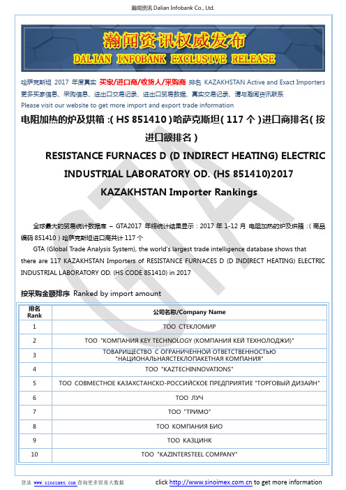 电阻加热的炉及烘箱：(HS 851410)2017 哈萨克斯坦(117个)进口商排