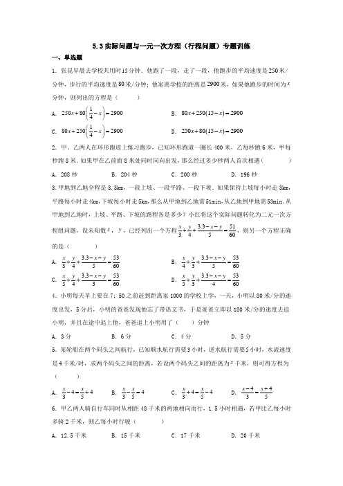 5.3实际问题与一元一次方程(行程问题)专题训练2024-2025学年人教版数学七年级上册