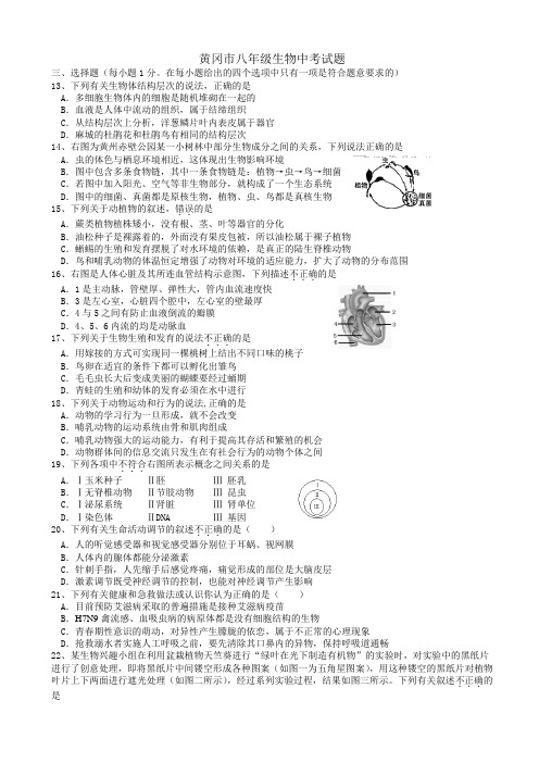 黄冈市八年级生物中考试卷(有答案)