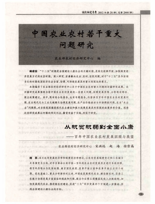 中国农业农村若干重大问题研究：从积贫积弱到全面小康——百年中国农业农村发展回顾与展望