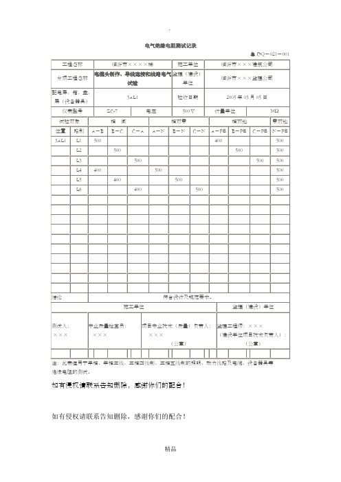 电气绝缘电阻测试记录范例-电器绝缘电阻测试