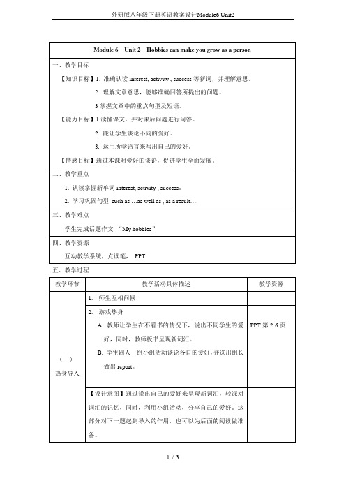 外研版八年级下册英语教案设计Module6 Unit2