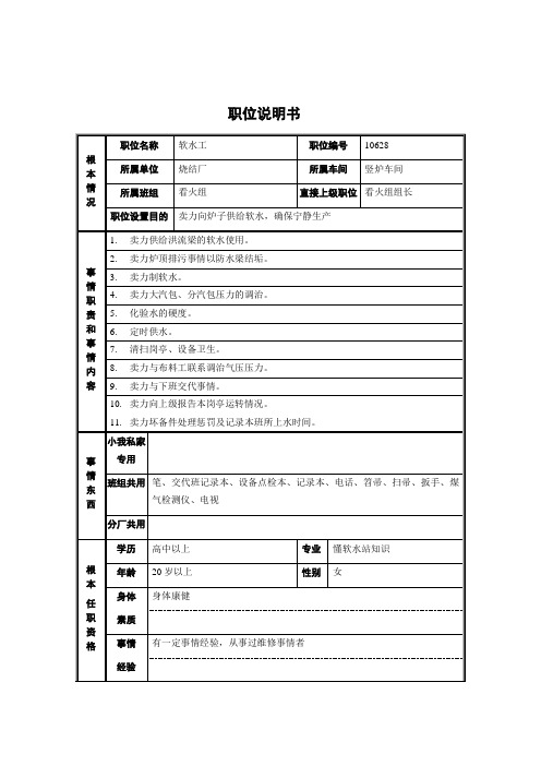 烧结厂竖炉车间看火组软水工职位说明书