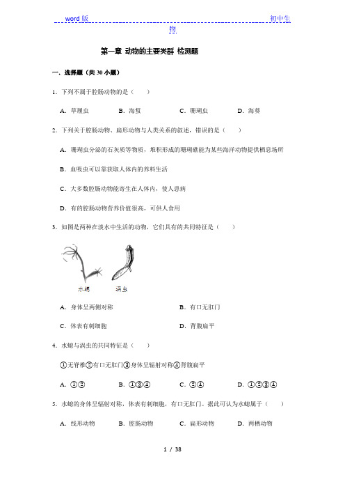 人教版生物八年级上册第五单元 第一章 动物的主要类群 检测题(解析版)