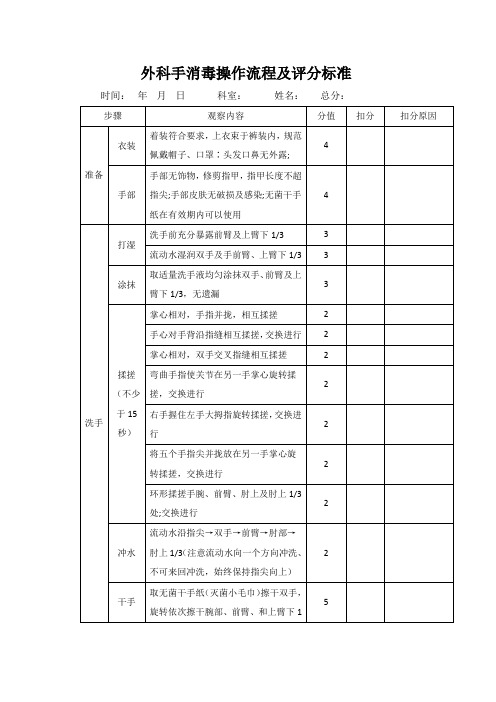 外科手消毒操作流程及评分标准