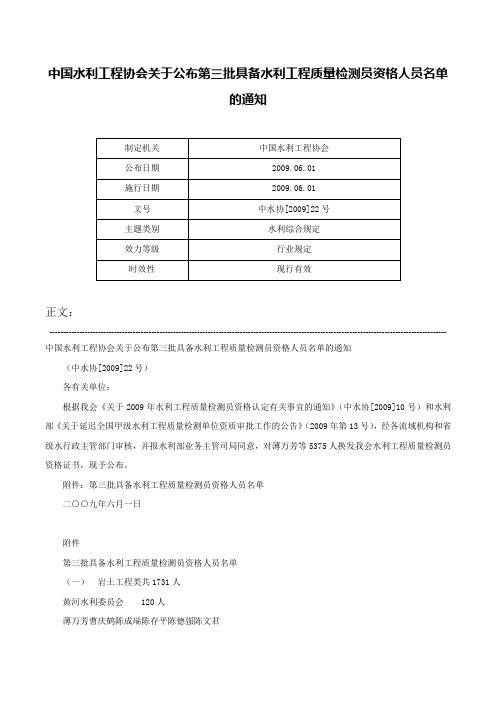 中国水利工程协会关于公布第三批具备水利工程质量检测员资格人员名单的通知-中水协[2009]22号