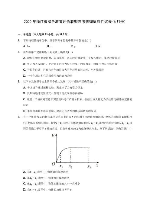2020年浙江省绿色教育评价联盟高考物理适应性试卷(6月份) (含答案解析)