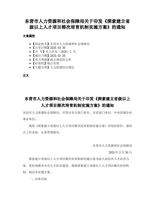 东营市人力资源和社会保障局关于印发《探索建立省级以上人才项目梯次培育机制实施方案》的通知