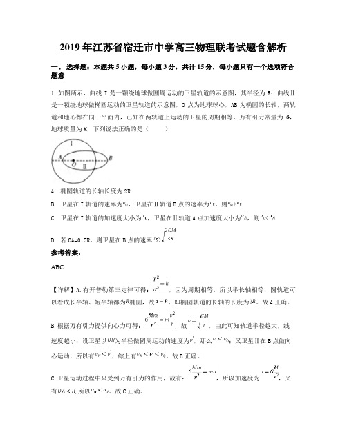 2019年江苏省宿迁市中学高三物理联考试题含解析