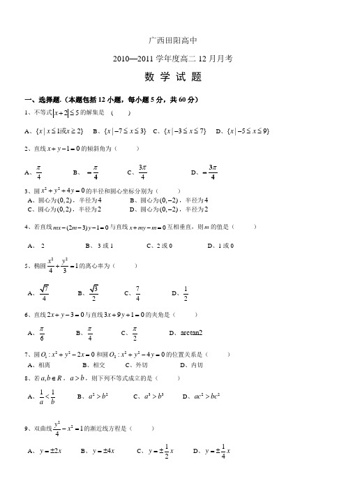 广西省田阳高中10-11学年高二12月月考数学