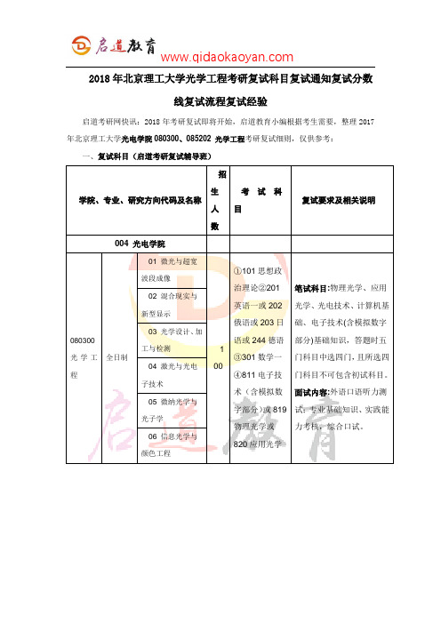 2018年北京理工大学光学工程考研复试科目复试通知复试分数线复试流程复试经验