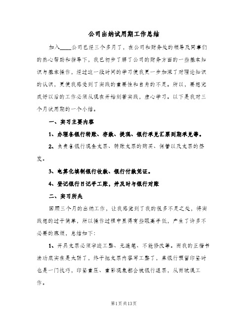 公司出纳试用期工作总结(五篇)