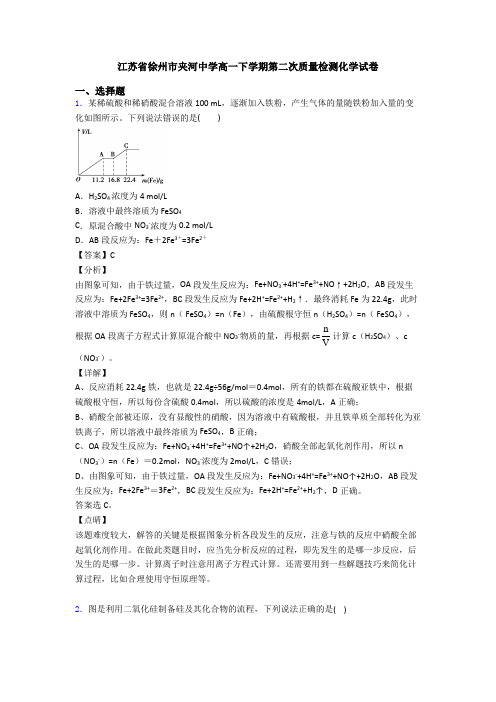 江苏省徐州市夹河中学高一下学期第二次质量检测化学试卷
