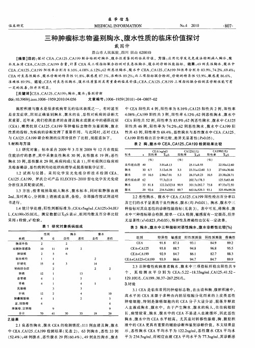 三种肿瘤标志物鉴别胸水、腹水性质的临床价值探讨