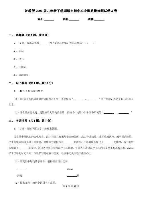 沪教版2020届九年级下学期语文初中毕业班质量检测试卷A卷