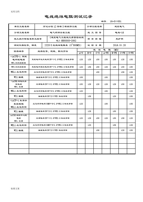 电线绝缘电阻测试记录簿