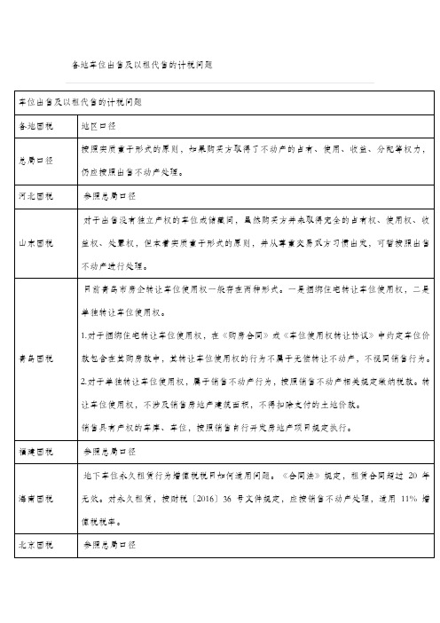 各地税务机关关于车位出售及以租代售的计税问题