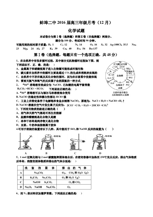安徽省蚌埠二中2016届高三上学期12月月考化学试题(Word)