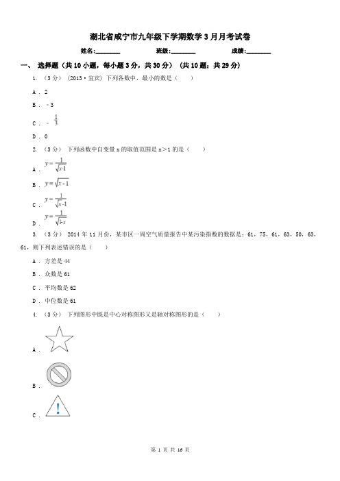 湖北省咸宁市九年级下学期数学3月月考试卷