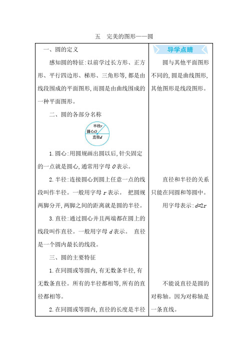 青岛版六年级数学上册第五单元 完美的图形——圆 知识点