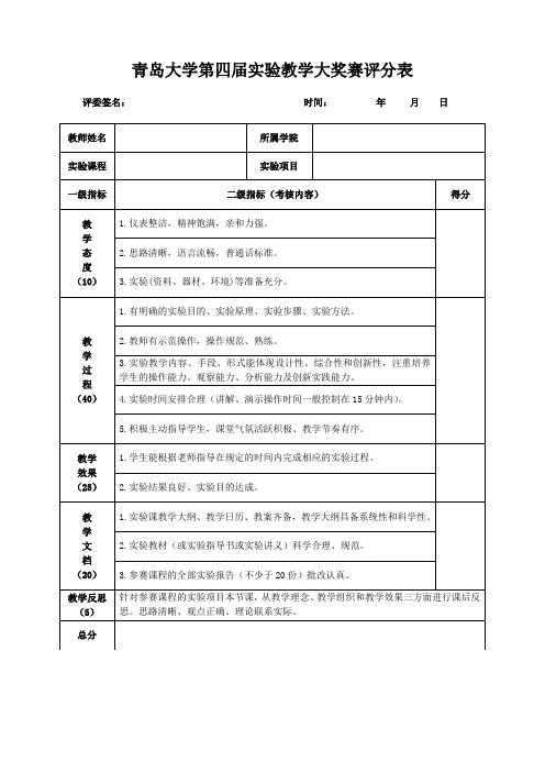 青岛大学第四届实验教学大奖赛评分表