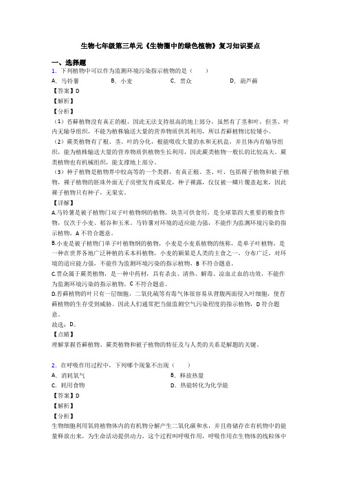 生物七年级第三单元《生物圈中的绿色植物》复习知识要点