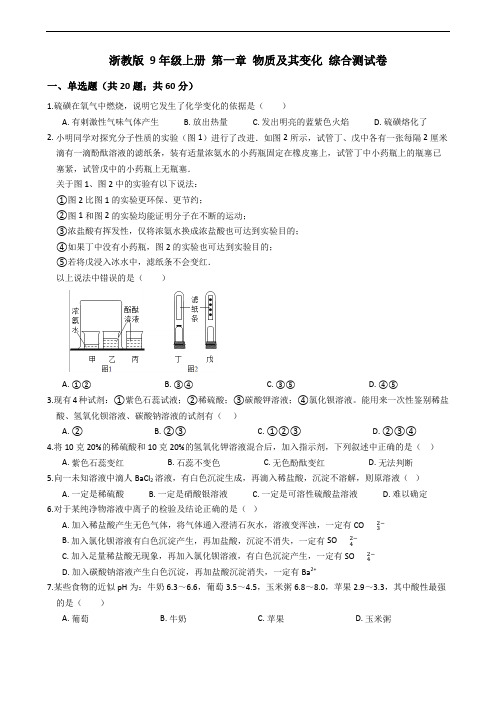 浙教版 九年级上册 第一章 物质及其变化 综合测试卷