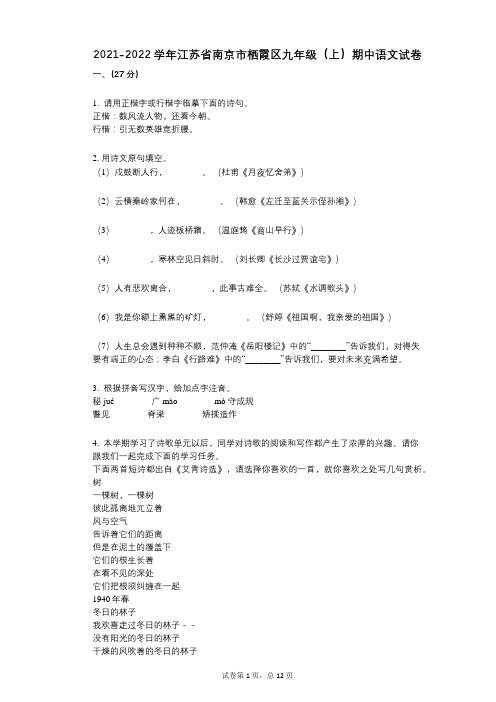 2021-2022学年-有答案-江苏省南京市栖霞区九年级(上)期中语文试卷