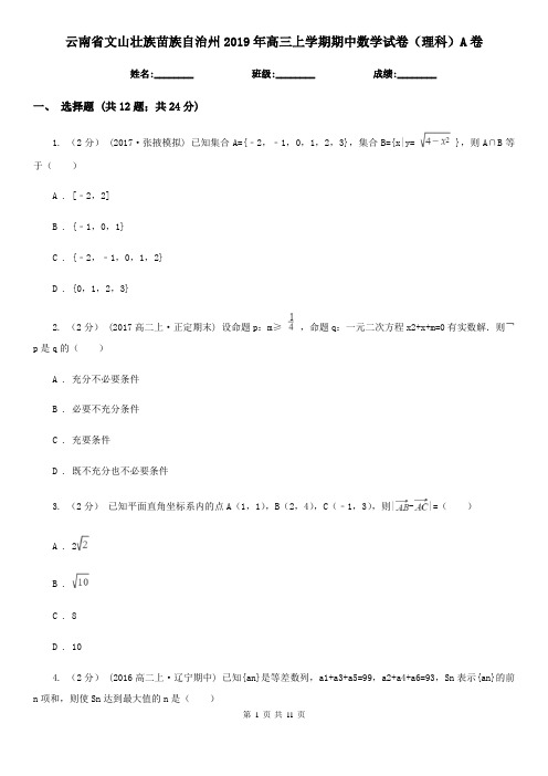 云南省文山壮族苗族自治州2019年高三上学期期中数学试卷(理科)A卷