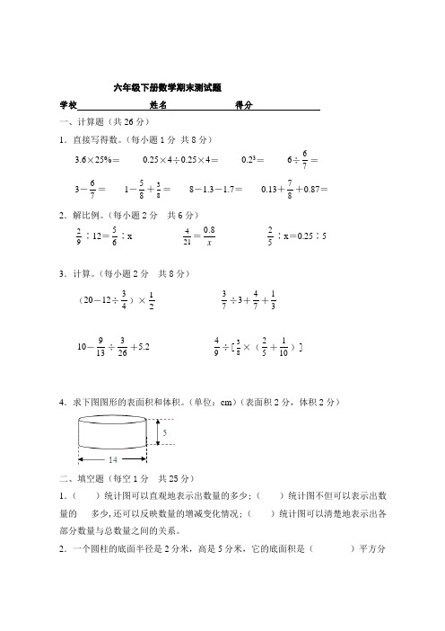 2020-2021学年苏教版六年级数学下册期末测试题 含答案