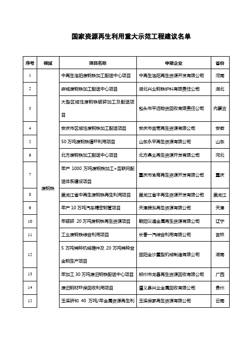 国家资源再生利用重大示范工程建议名单