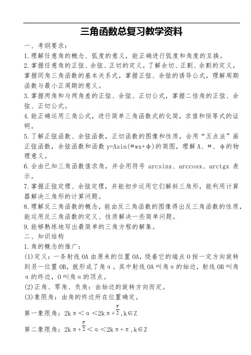 三角函数总复习教学资料知识点及例习题