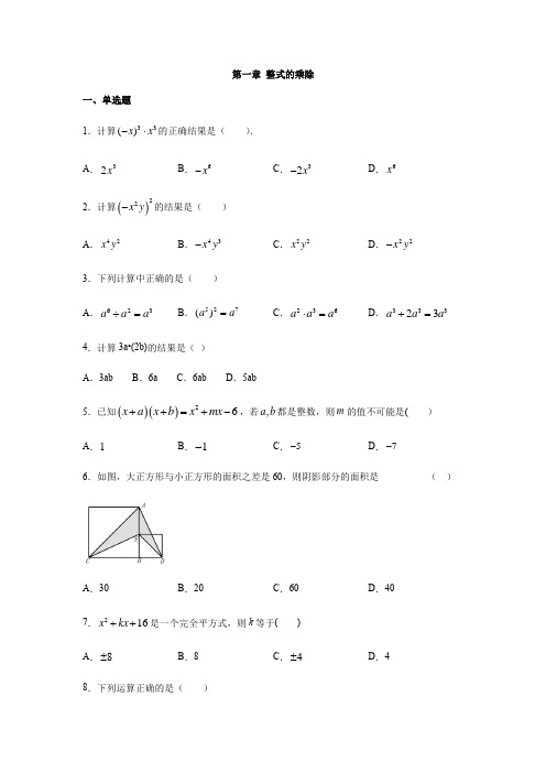 北师大版七年级数学下册第一章 整式的乘除练习(含答案)